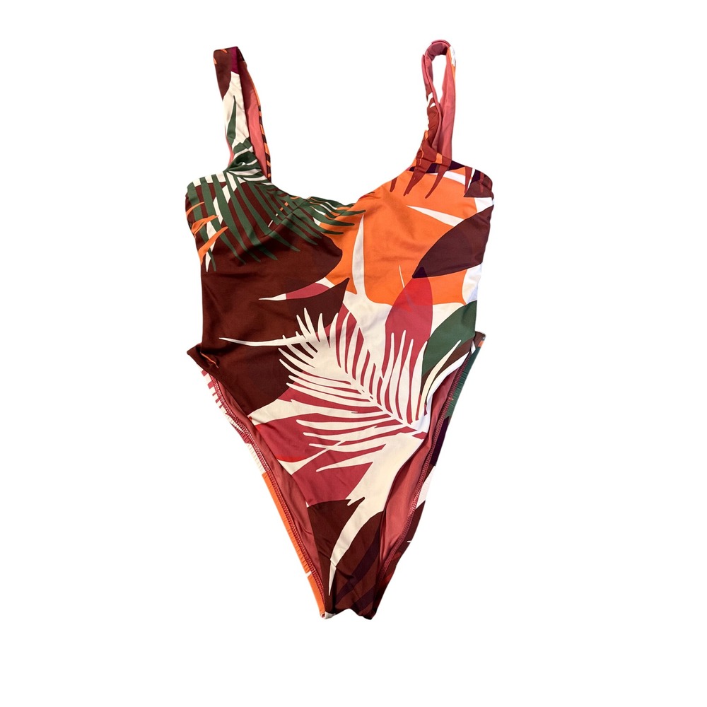 Vitamin A Tropical Palm Print One Piece Swimsuit High Cut Scoop Back Orange M